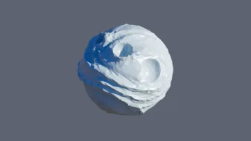 Blue and white swirled planet with flowing atmospheric patterns rendered in low-poly 3D style