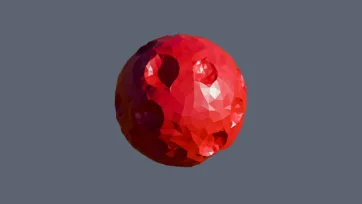 Red volcanic planet with geometric faceted surface showing lava-like patterns in low-poly 3D design