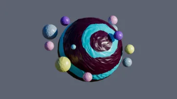 Abstract cosmic sphere with swirling dark purple and cyan patterns surrounded by colorful orbiting planets in low-poly 3D art style