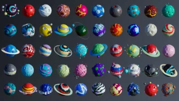 Collection of 50 diverse fantasy planets featuring various textures, colors, and ring systems in low-poly 3D game art style