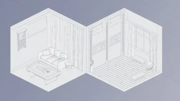 Detailed wireframe line art of living room and pool table entertainment spaces showing technical drawing and architectural layout