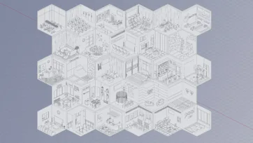Wireframe line art overview of complete entertainment rooms pack showing all isometric room layouts in technical drawing style
