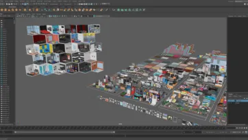 Maya 3D software interface displaying entertainment rooms pack with advanced modeling tools and professional 3D scene organization