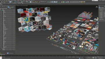 3ds Max software interface showing entertainment rooms pack with polygon modeling tools and comprehensive 3D asset management system