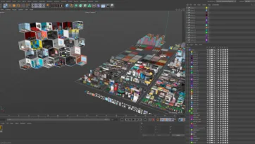 Cinema 4D software interface displaying entertainment rooms 3D pack with detailed scene hierarchy and modeling tools for architectural visualization