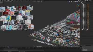 Blender 3D software interface showing entertainment rooms pack with isometric room layouts and comprehensive asset library for 3D modeling