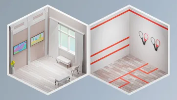 Isometric 3D low-poly museum gallery with framed artwork and modern squash court with red floor markings and rackets mounted on wall