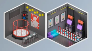 Indoor basketball court with safety net and professional dance studio with mirrors, sound system and colorful flooring