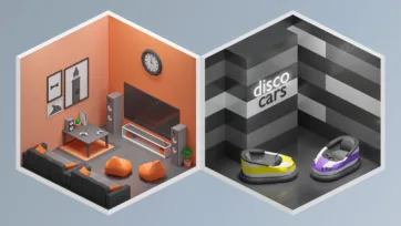Home entertainment room with sound system and amusement park area featuring disco bumper cars
