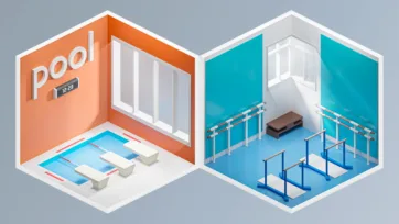 Indoor swimming pool with diving boards and gymnastics training room with parallel bars and exercise equipment