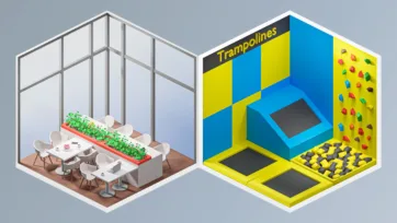 Glass greenhouse dining area with hydroponic plants and colorful trampoline room with climbing wall