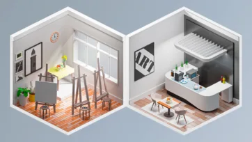 Artist studio with easels and painting supplies next to modern kitchen with island and contemporary appliances