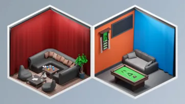 Modern living room with sectional sofa and entertainment space featuring professional pool table with cue sticks