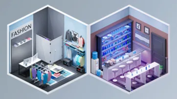 Isometric fashion boutique store with clothing displays and upscale cocktail bar with purple lighting and bar stools