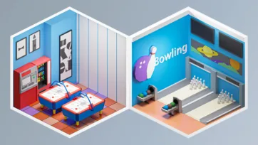 3D recreational area showing air hockey tables with vending machine and professional bowling alley with lanes and pins
