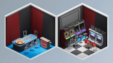 Isometric casino room with roulette table and retro arcade gaming area featuring classic arcade machines and seating