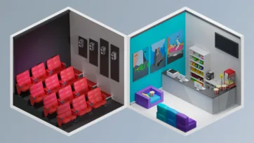 3D low-poly cinema theater with red stadium seating and movie concession stand with popcorn and refreshments