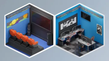 Isometric home theater with orange reclining chairs and modern gaming setup with multiple monitors and gaming chair