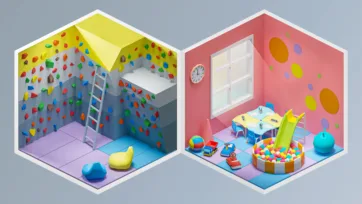 3D isometric rock climbing room with colorful holds and children's playroom featuring toys, slide and educational materials