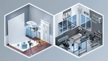 Isometric 3D low-poly photography studio with lighting equipment and modern gym with workout machines and motivational signage