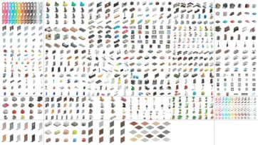 Complete collection of 3D low-poly assets and furniture pieces for entertainment rooms including chairs, tables, equipment, decorations and color variations