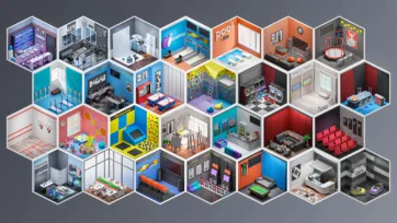 3D low-poly entertainment rooms pack showing isometric view of various recreational spaces including gaming area, gym, bowling alley, pool room, cinema, arcade and other entertainment venues