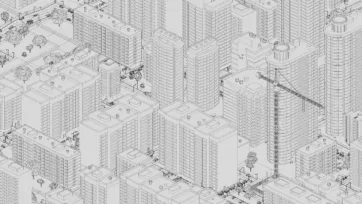 Eastern Europe 3D low poly buildings wireframe technical drawing showing detailed architectural structure and design elements