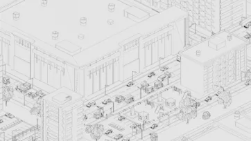 Eastern Europe 3D low poly city wireframe view showing technical line art and architectural structure of urban environment