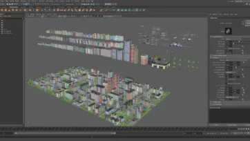 Eastern Europe 3D low poly city pack in Maya software interface featuring complete city environment with all architectural elements