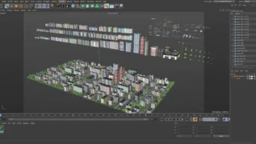 Eastern Europe 3D low poly city pack in Cinema 4D software showing comprehensive urban scene with buildings and infrastructure
