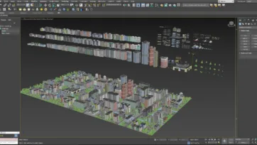 Eastern Europe 3D low poly city pack in 3ds Max software interface displaying full urban development with all components