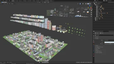 Eastern Europe 3D low poly city pack in Blender software interface showing complete urban environment with buildings and assets