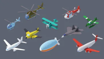 Eastern European aircraft and aviation collection featuring helicopters, planes, jets, biplanes and airships in 3D low poly style