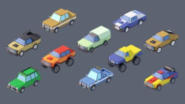 Eastern European off-road vehicles and trucks collection including pickup trucks, SUVs, utility vehicles and rugged transport in 3D low poly