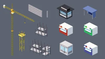 Eastern European construction elements including cranes, building foundations, architectural components and urban development assets