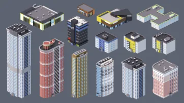 Eastern European city building mixed collection including shopping centers, cylindrical towers, residential blocks and commercial structures