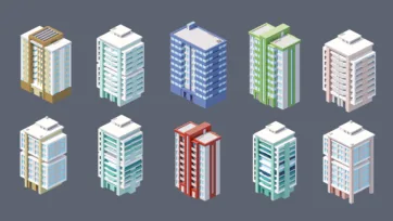 Eastern European modern apartment towers and residential buildings with contemporary architecture in colorful 3D low poly design