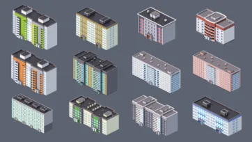 Eastern European mixed residential buildings collection showing various apartment complexes and housing types in isometric 3D view