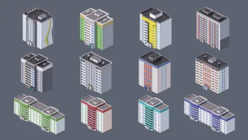 Eastern European apartment building variants with different colors, balcony configurations and architectural details in 3D low poly style