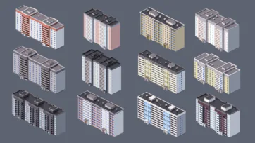 Eastern European residential block variations showing different apartment building configurations and architectural styles in isometric view