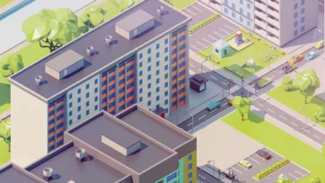 Eastern European mixed-use district with residential apartment buildings, commercial spaces, parking areas and urban infrastructure