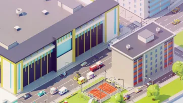 Eastern Europe commercial shopping center with colorful facade, street activity, emergency vehicles and surrounding residential buildings