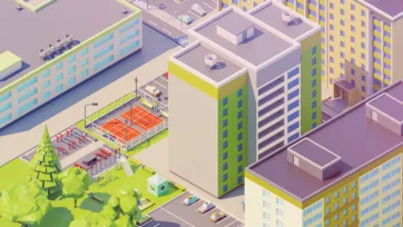 Eastern European residential area with tennis courts, sports facilities, green recreational spaces and colorful apartment buildings in 3D low poly style