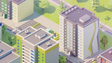 Eastern European residential building with internal courtyard, parking area and recreational facilities in 3D low poly design