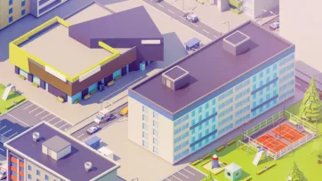 Eastern Europe shopping center and commercial district with modern architecture and surrounding residential buildings