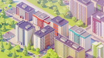 Eastern European residential area with apartment buildings surrounded by extensive green spaces and parks in isometric view