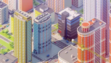 Eastern Europe cylindrical residential towers with construction crane showing urban development in 3D low poly style