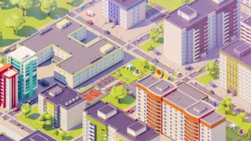 Eastern European residential complex with apartment buildings, recreational facilities, tennis courts and green landscaping
