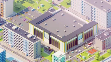 Eastern Europe shopping mall with large parking area surrounded by residential apartment buildings in isometric 3D view