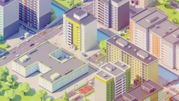 Eastern European urban district featuring mixed residential and commercial buildings with modern and traditional architecture